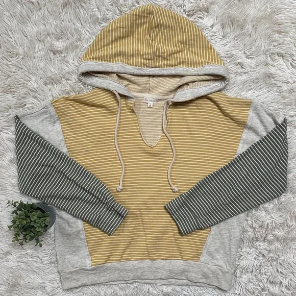 🎉HP🎉 Hem & Thread Striped Terry Hoodie 💗 Mustard Sage Green & Gray - Picture 3 of 16